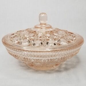 Indiana Glass Pink Peach Windsor Covered Candy Bowl‎ Cane and Button Pattern